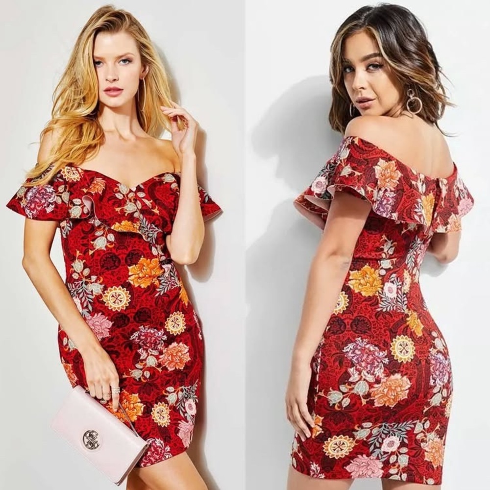 GUESS off the shoulder bold floral bodycon dress
